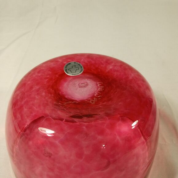 Signed Cranberry Wimberley Glass Works Vase. Dated 1999 Ruby Swirls, Handcrafted - Picture 12 of 14